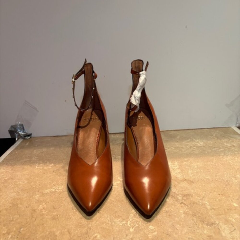 Franco Sarto Tan Leather Pointed-Toe Ankle-Strap Heels